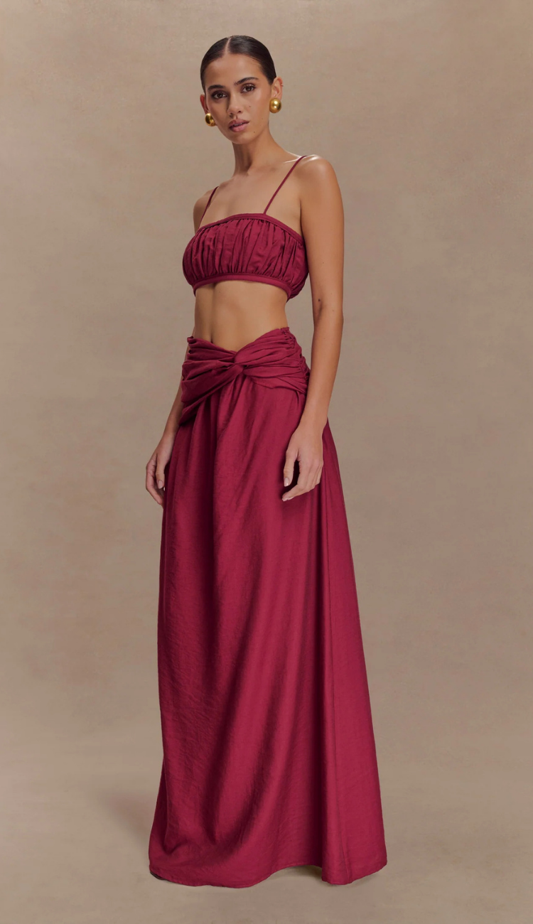 Nahara Linen Burgundy Skirt Set