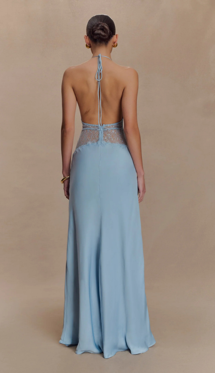 Lioré Blue Lace and Satin Maxi Dress
