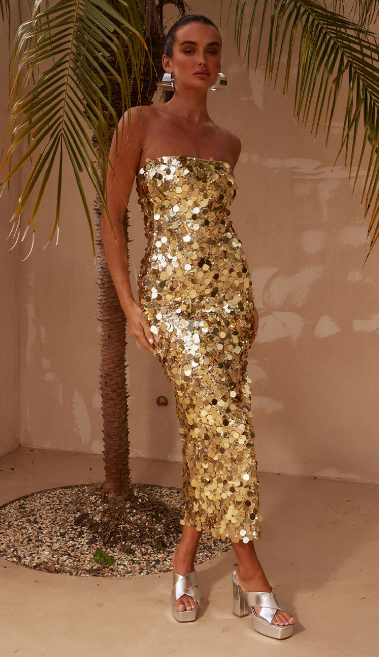 Talia Gold Sequin Midi Dress