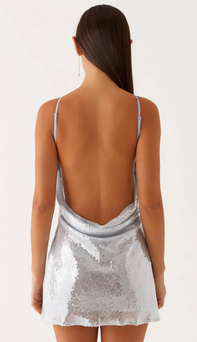 Phi Phi Silver Cowl Back Mini Dress