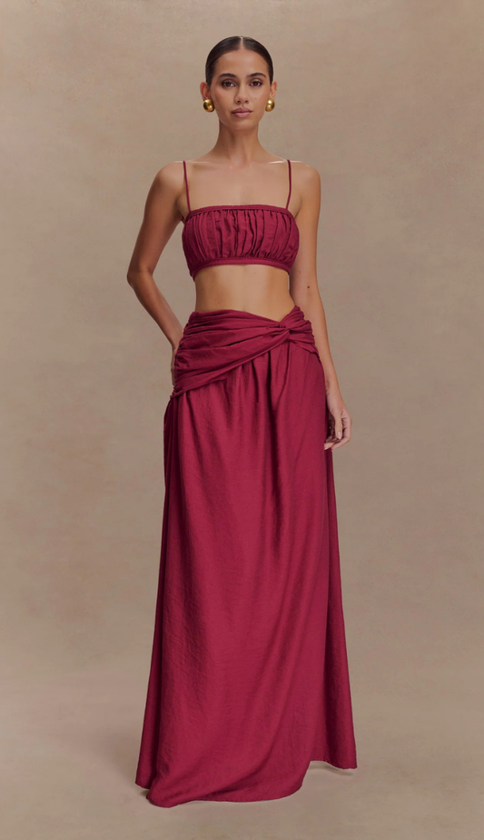 Nahara Linen Burgundy Skirt Set