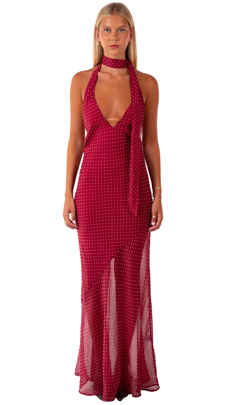 Greta Polka Dot Burgundy Maxi Dress