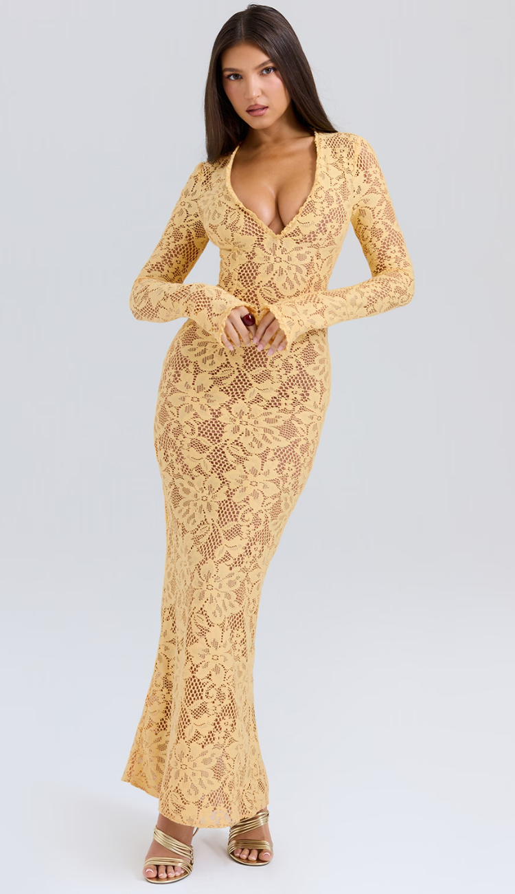 Elara Lace Yellow Maxi Dress