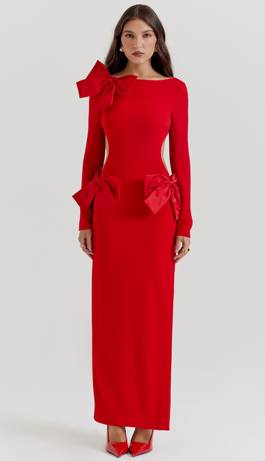 Vestido largo rojo con lazo de Claudette