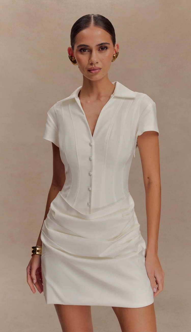 Koh Shirred White Mini Dress