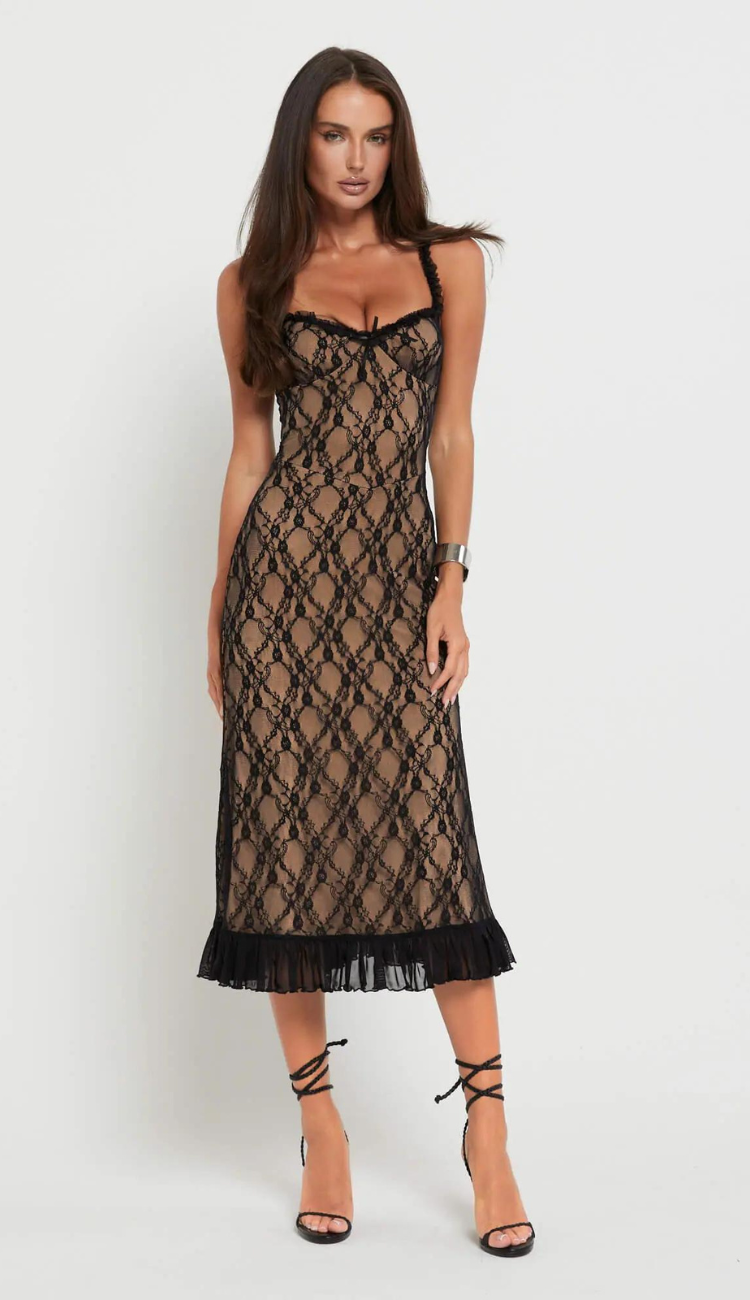 Vestido midi de encaje negro Raven