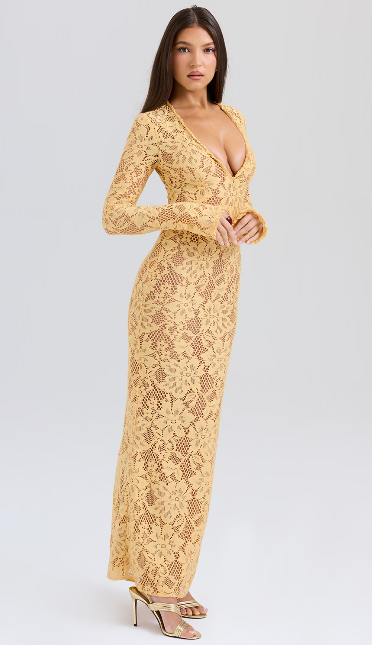 Elara Lace Yellow Maxi Dress