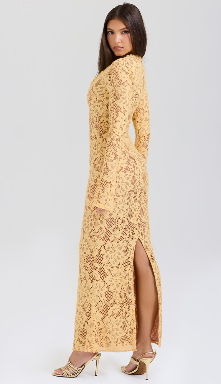 Elara Lace Yellow Maxi Dress