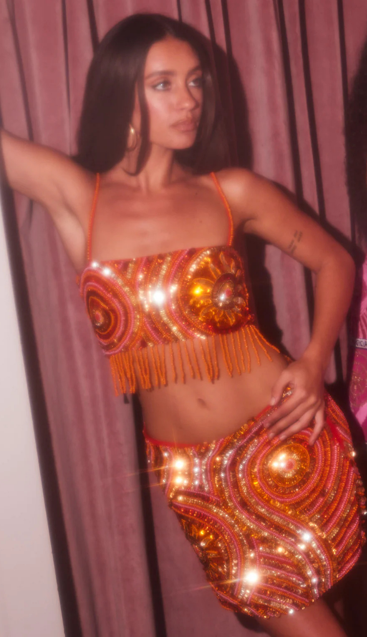Solene Sequin Orange Skirt Set