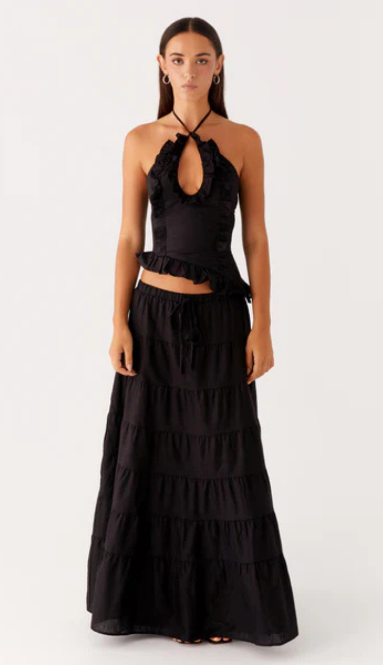 Elara Black Linen Maxi Skirt Set