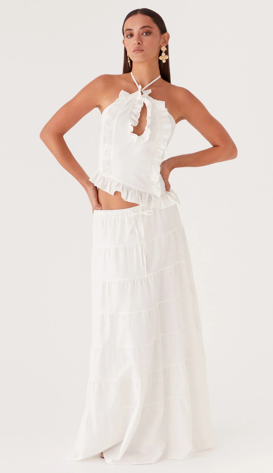 Elara White Linen Maxi Skirt Set