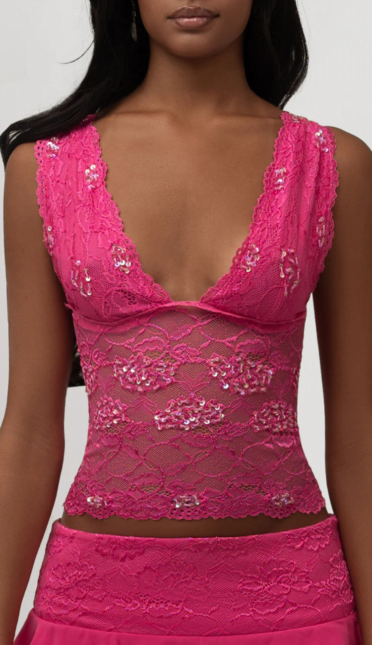 Oia Hot Pink Lace Mini Skirt Set