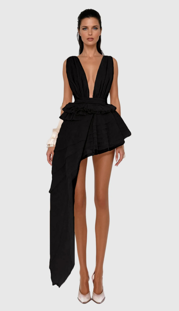 Melania Black Asymmetrical Mini Dress