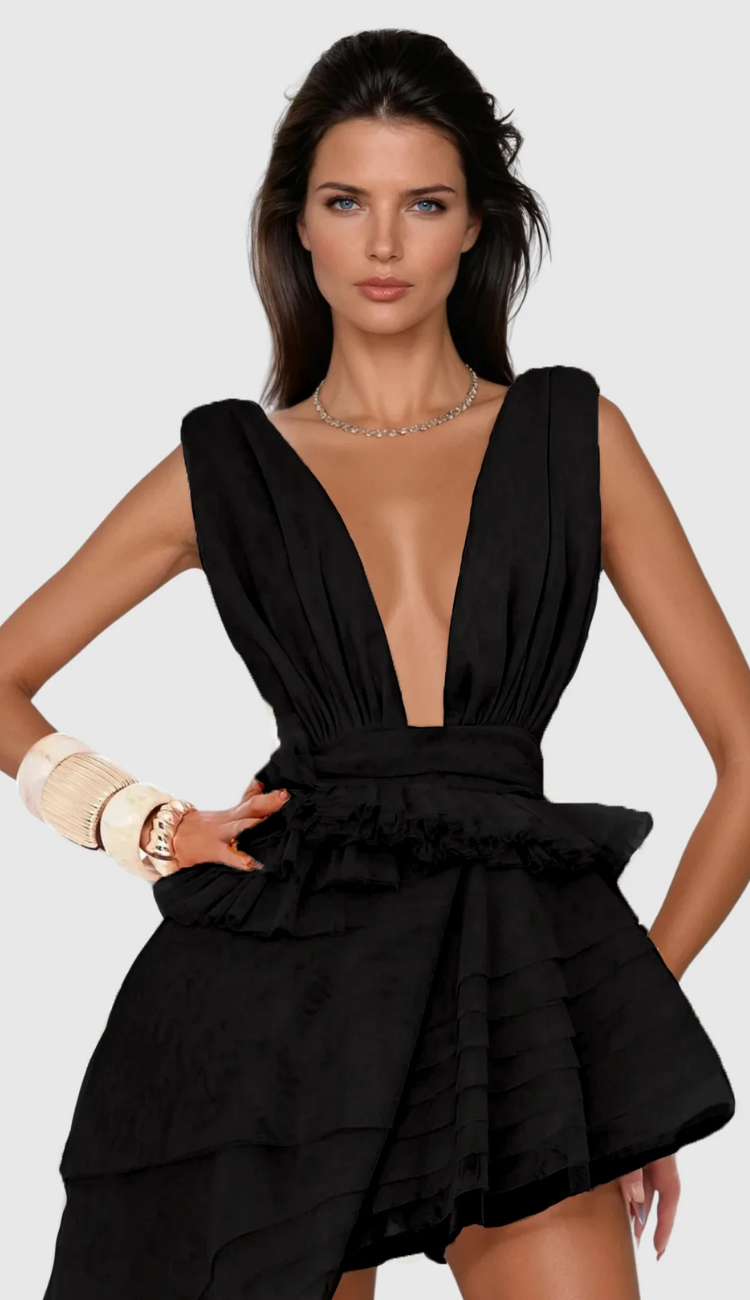 Melania Black Asymmetrical Mini Dress