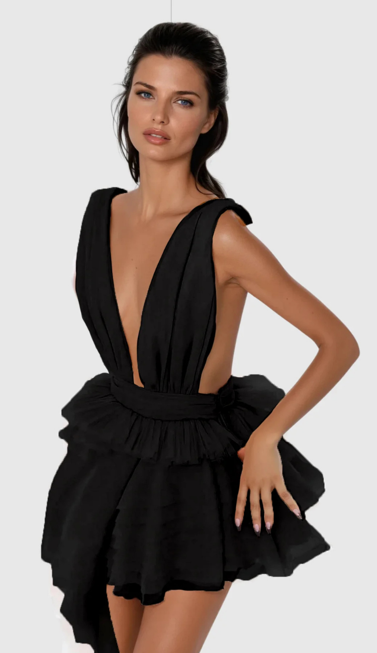 Melania Black Asymmetrical Mini Dress