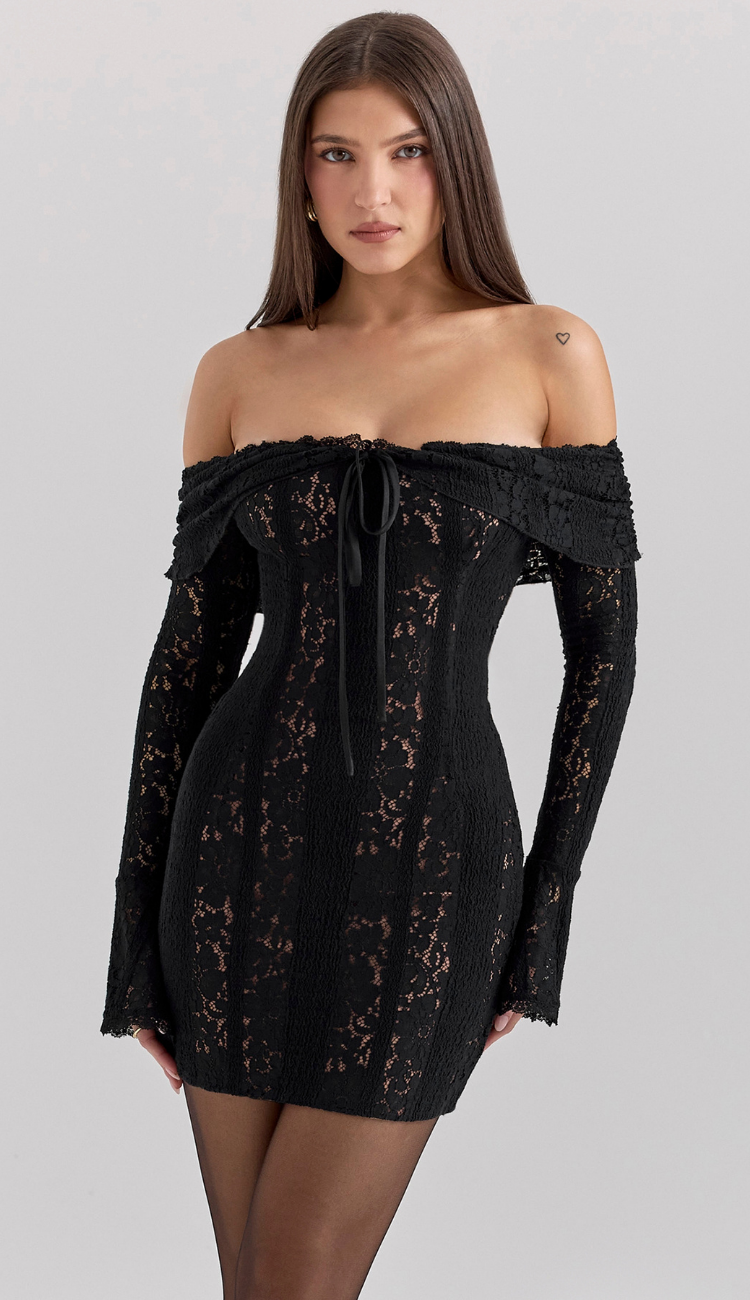 Solenne Black Lace Mini Dress