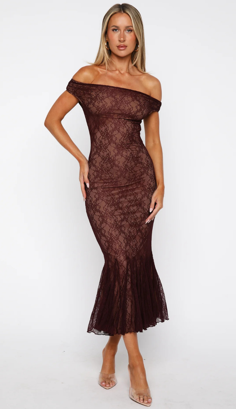 Elle Brown Off Shoulder Maxi Dress