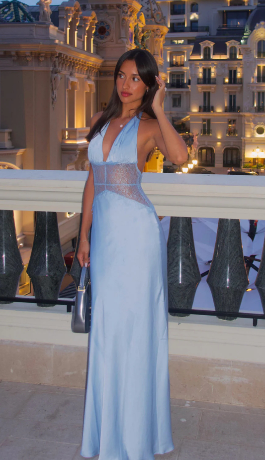 Lioré Blue Lace and Satin Maxi Dress