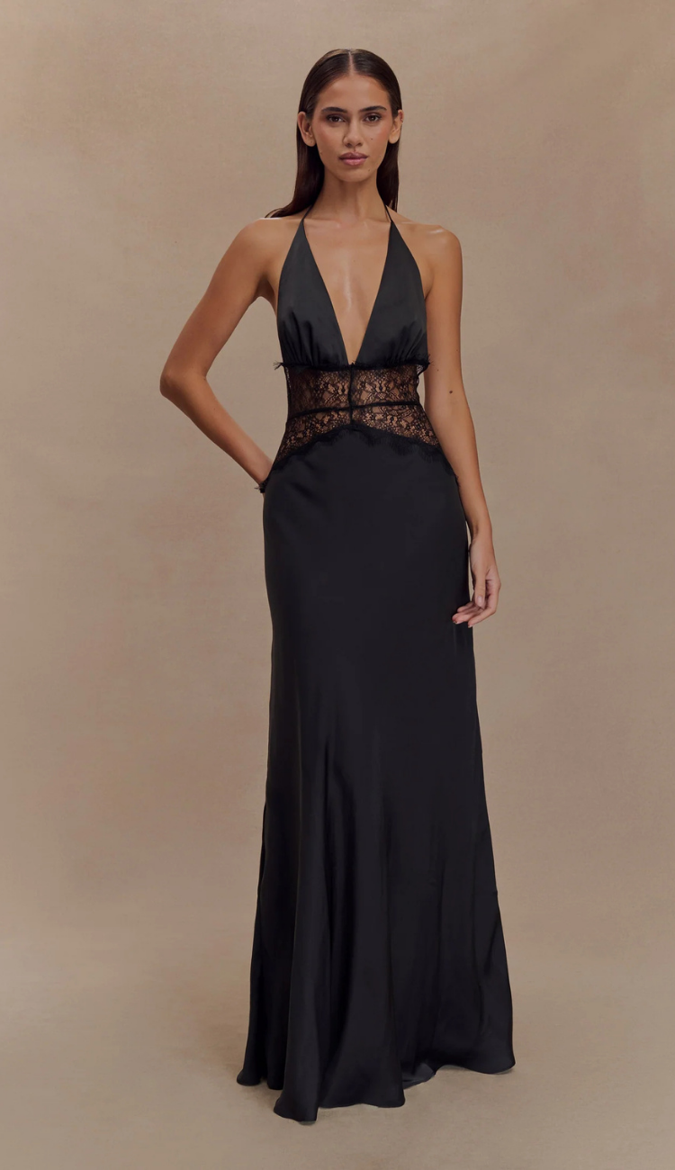 Lioré Black Lace and Satin Maxi Dress