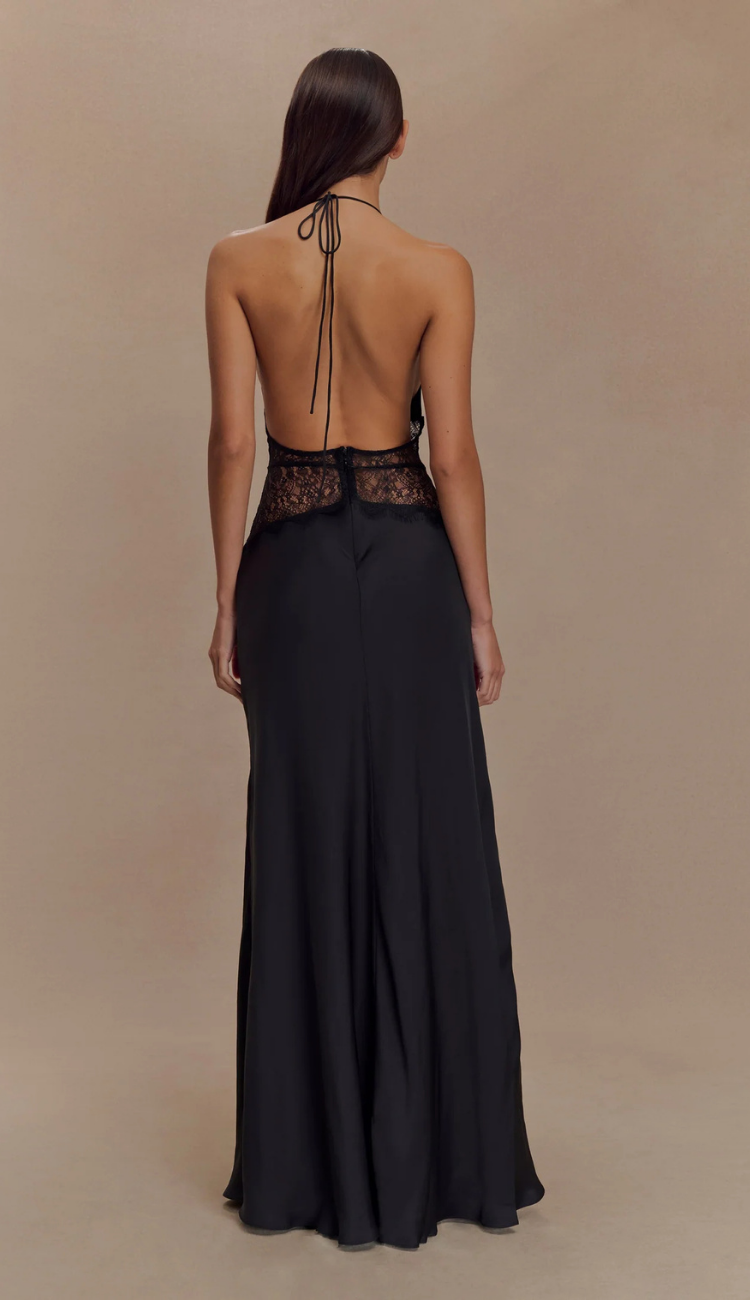Lioré Black Lace and Satin Maxi Dress