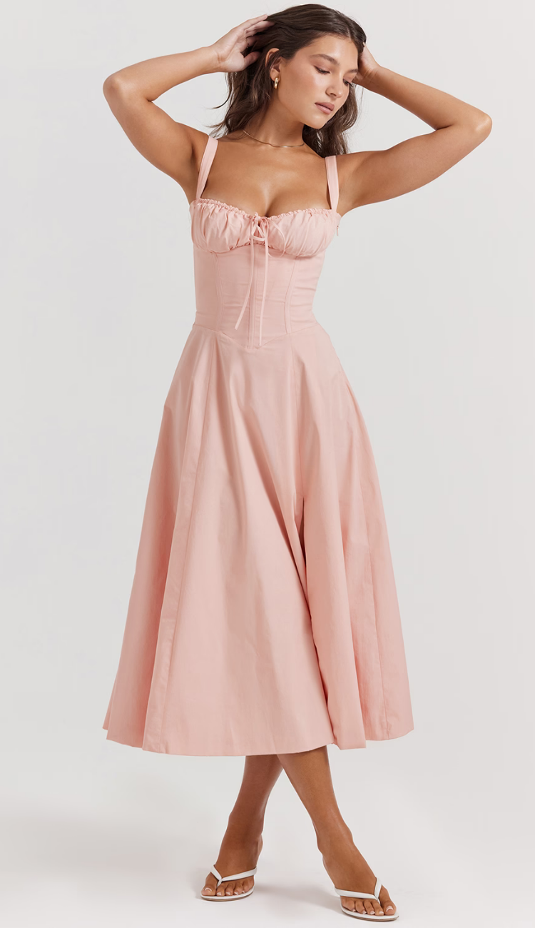 Vestido largo color melocotón y jazmín