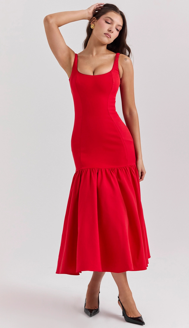 Zantina Red Dropped Waist Midi Dress