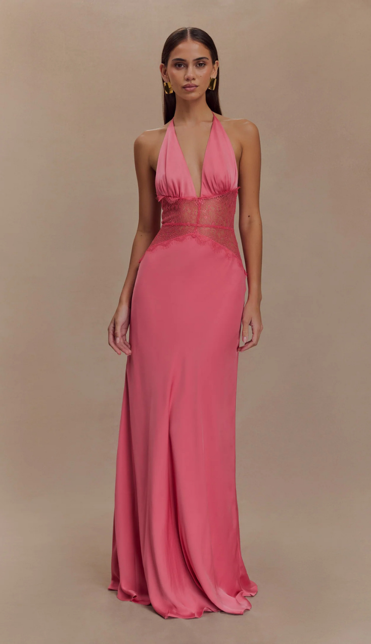 Lioré Pink Lace and Satin Maxi Dress