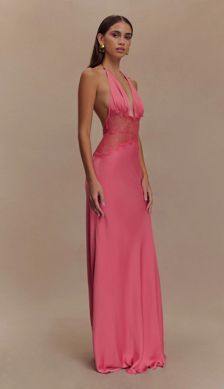Lioré Pink Lace and Satin Maxi Dress