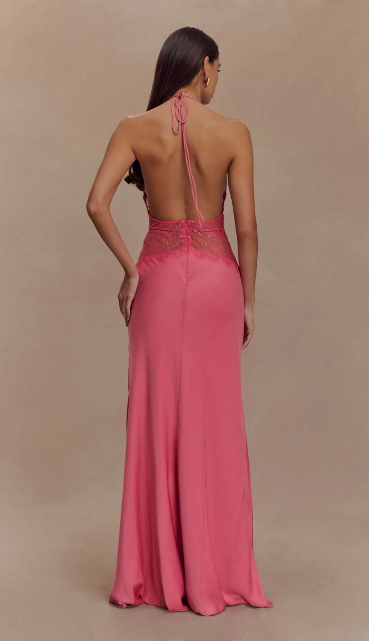 Lioré Pink Lace and Satin Maxi Dress