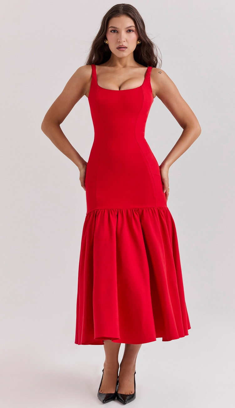 Zantina Red Dropped Waist Midi Dress