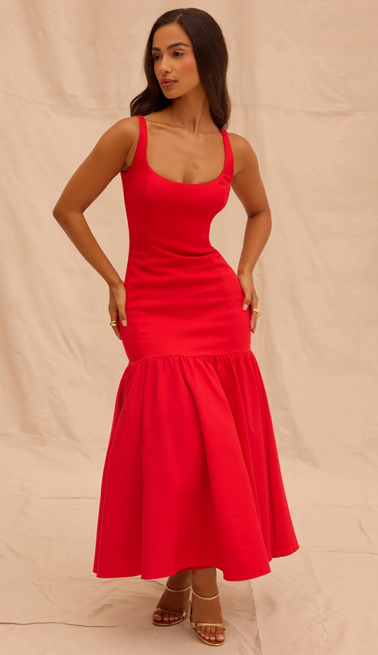 Zantina Red Dropped Waist Midi Dress