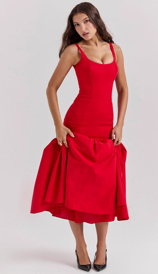 Zantina Red Dropped Waist Midi Dress